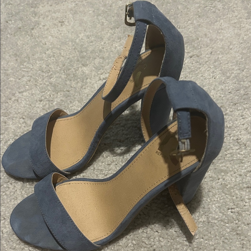 Report Blue Suede Open-Toe Ankle Strap Heels